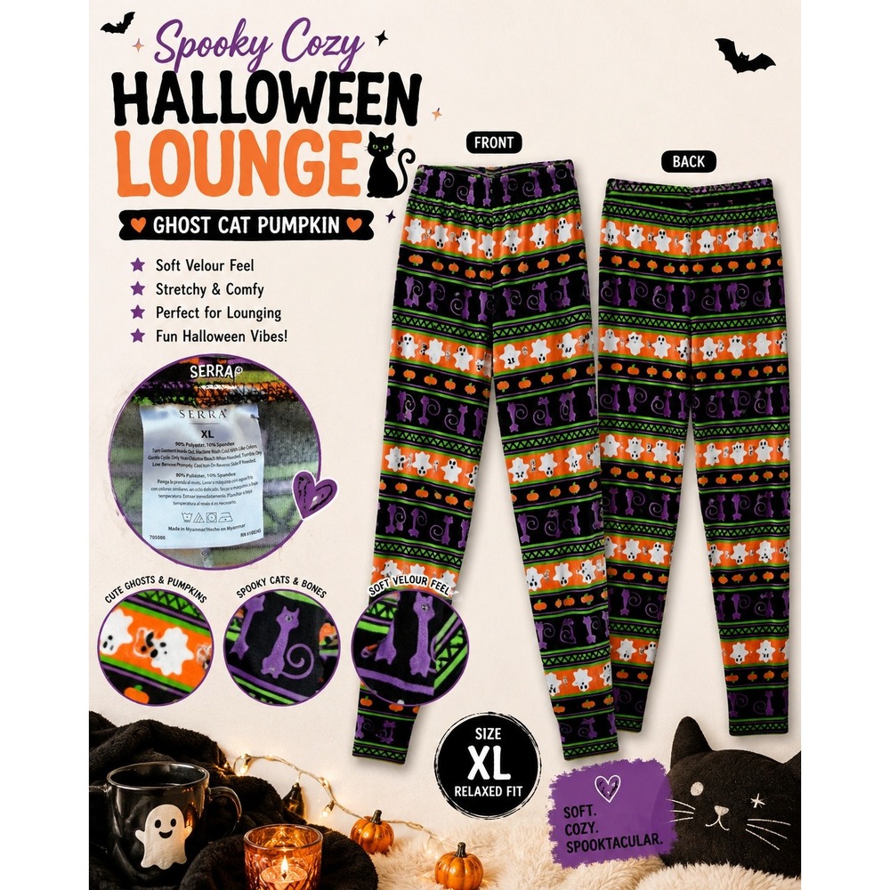 Serra Leggings Black Halloween Print Womens XL Plush‎ Velour Lounge Pants Cozy